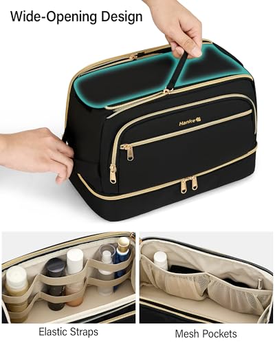 Hanke Travel Toiletry Bag, Wide-Open Dual-Layer Water Resistant Makeup Bag - color: Black