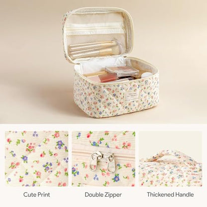 HBselect Quilted Makeup Bag, 3Pcs Cotton Large Travel Makeup Bags Organizer - color: A-3PCS-Floral 12