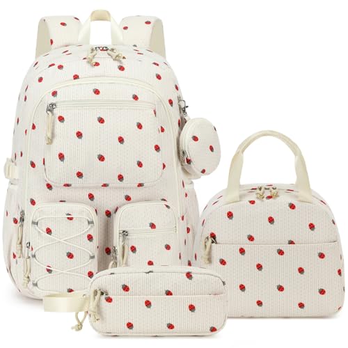 PiPiCat Backpack for Girls 4 in 1 Back to School Bookbag - color: K2 Off-white Strawberry