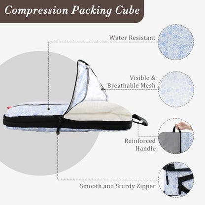U+U 8 Set Compression Packing Cubes, Travel Organizers (Blue Flower) - color: Blue Flower, size: 8 Set