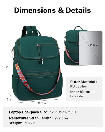 FADEON Laptop Backpack for Women, Vegan Leather 15.6 inch Computer bag - color: Dark Green Nubuck Style