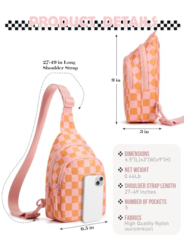 Checkered Sling Bag for Women Small Backpack Crossbody Chest Bag Fanny Packs Purses - color: Checkered Sling Bag - Light Pink Orange