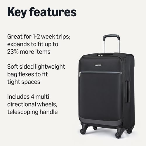 Amazon Basics 23" Medium Checked Softside Luggage Suitcase with Spinner Wheels, Expandable Space, Zippered Pockets, Telescopic Handle, Black - color: Black, size: 23”, style: Medium Checked