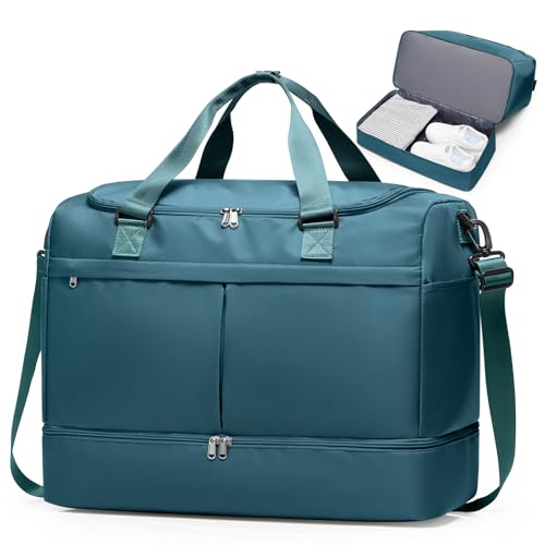 Travel Duffel Bag with Shoe Compartment,Overnight Weekender Bags for Women - color: Peacock Blue