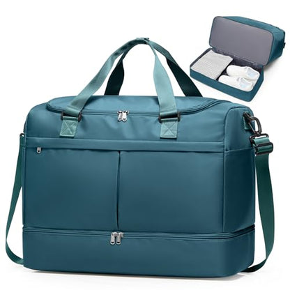 Travel Duffel Bag with Shoe Compartment,Overnight Weekender Bags for Women - color: Peacock Blue