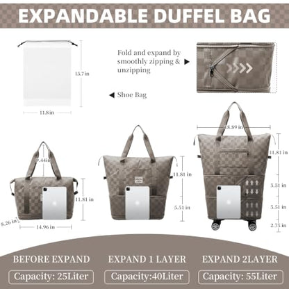 Rolling Duffle Bag with Wheels Expandable Foldable Travel Duffel Bag Checkerboard Carry on Luggage Bag Weekender Bag for Men Women - color: Khaki+Shoe Bag