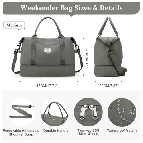 Travel Duffel Bag with Shoes Compartment, Weekender Bags for Women - color: A-Olive Green, size: Medium