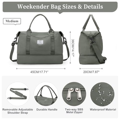 Travel Duffel Bag with Shoes Compartment, Weekender Bags for Women - color: A-Olive Green, size: Medium