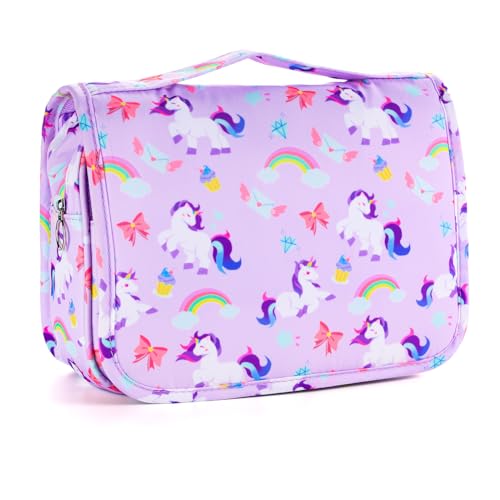 Kids Hanging Toiletry Bag for Girls, Travel Toiletry Bag for Little Young Girls Cosmetic Makeup Waterproof Wash Bag Toddler Traveling Toiletries, Unicorn Purple - color: Unicorn-Purple