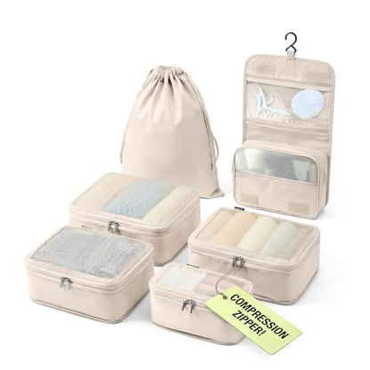 Vandel Compression Packing Cubes for Women, Set with Hanging Toiletry Bag - color: 3. Sand, size: Deluxe Set (4 Cubes + Toiletry & Laundry Bags)