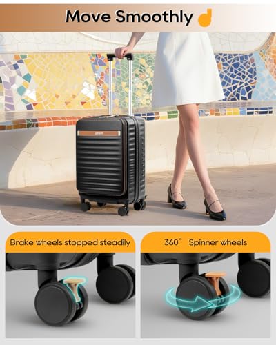 Joyway 20 Inch Carry On Luggage with Front Pocket and Cup Holder, Black - color: Black, size: 20 Inch