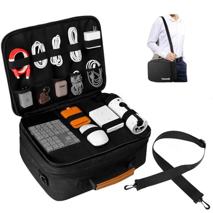 Extra Large Electronics Organizer Travel Case, Cable Organizer Bag with Shoulder Strap, Electronics Accessories Storage Double Layer Bags for Cord, Tablet, Headphone, Charger, Tools, DJ Gifts-Black