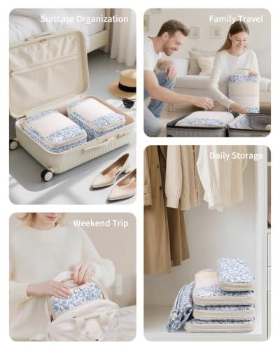 Narwey Compression Packing Cubes for Travel, Cute Luggage Organizer Bags - color: ZZZ-Little Blue Flower