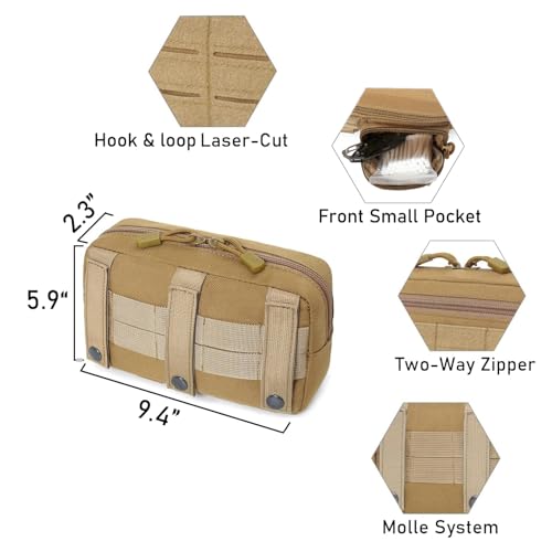 Tactical MOLLE Horizontal Admin Pouch with Front Drawstring Pocket EMT Pouch EDC Utility Organizer Bag - color: Coyote Brown