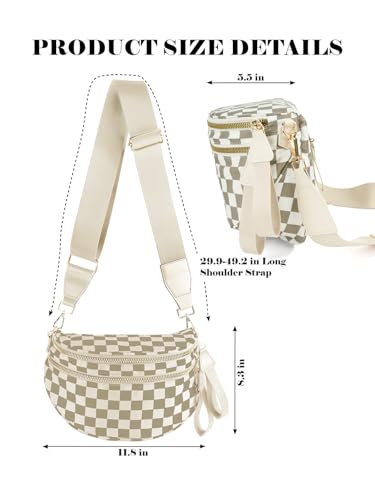 Checkered Crossbody Bag Bum Bag for Women,Spacious Fanny Packs Belt Bag | Stylish and Versatile,football mom essentials,Checkered Purse,mom bag,crescent bag,over the shoulder bags for women - color: Khaki Beige Checkered