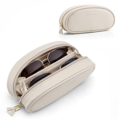 VLANDO Double Sunglasses Case,PU Leather Travel Zipper Glasses Pouch - color: Beige
