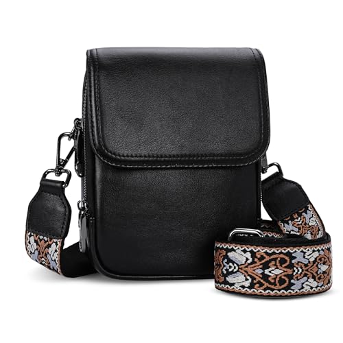 HESHE Small Leather Crossbody Bag for Women RFID Phone Purse with Card Slot | Anti Theft,Genine Leather,Wide Adjustable Strap,Multi-Pocket Fits 6.9" Phone Trendy Shoulder Cross Body Bag for Daily,Travel - color: Retro Black