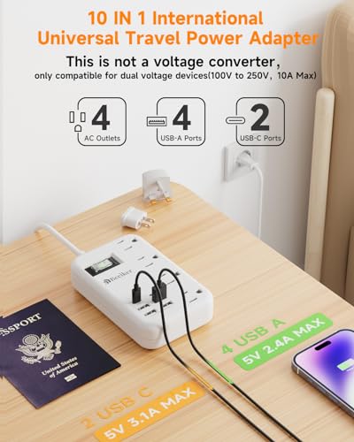 European Travel Plug Adapter, US to Europe Power Strip,6 USB,4 Outlets,3ft - size: Type C/A/G Plug-3ft-24W USB
