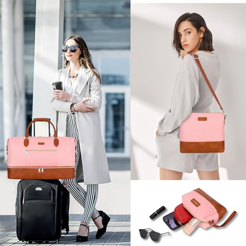 ITIEZY Weekender Bag for Women 21.5" Travel Duffel Large Carry On Bag 3PCS - color: 3-Pink