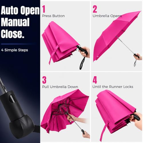 Collapsible Windproof Umbrella Travel - 42inch Auto Open & Manual Close - color: 06.Rose Red