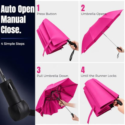 Collapsible Windproof Umbrella Travel - 42inch Auto Open & Manual Close - color: 06.Rose Red