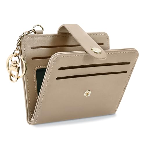 Airkit Small Wallet Women RFID, PU Leather Card Holder with Keychain - color: Khaki