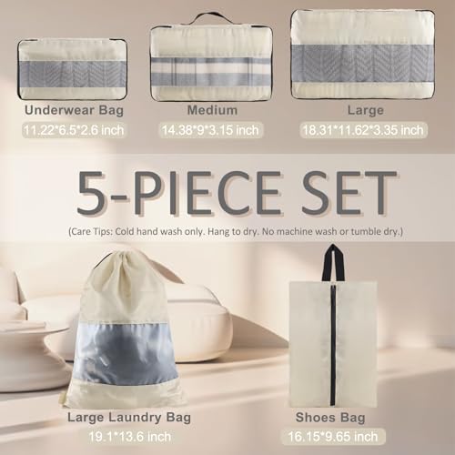 U+U 5 Set Packing Cubes, Travel Organizers with Shoe Bag (Cream) - color: Cream