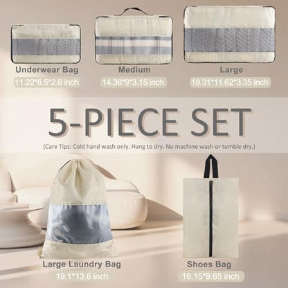 U+U 5 Set Packing Cubes, Travel Organizers with Shoe Bag (Cream) - color: Cream
