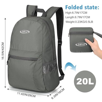 G4Free 20L Lightweight Packable Backpack Travel Hiking Daypack Foldable Backpack for Men Women - color: Grey Update, size: 20L