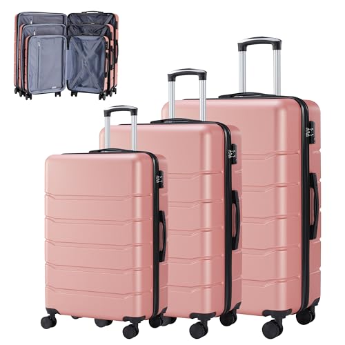 Simple Deluxe 3-Piece Luggage Sets, Suitcase with Double Spinner Wheels & TSA Lock, Hard Shell Suitcase, Expandable Rolling Lightweight Luggage, Pink - color: Pink, size: 3-Piece Set (20/24/28)