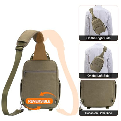 Cwatcun Large Canvas Sling Bag, Crossbody Chest Bag with Tripod Holder - color: Green, size: Large