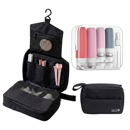 Travel Toiletry Bag for Men & Women Waterproof Hanging Organizer with Multiple Compartments Large Toiletry Bag with Refillable Travel Bottles Makeup Bag for Travel & Bathroom Essentials