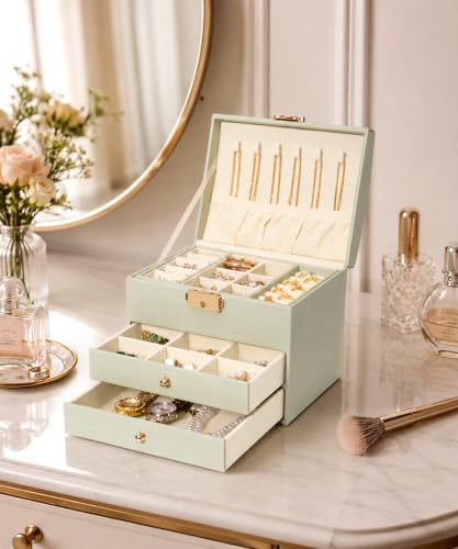 Homde Small Jewelry Box for Girls: 3-Layer Lockable Organizer (Sage Green) - color: Sage Green