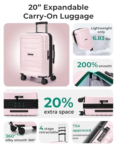 BAGSMART Carry-On Luggage 20" Expandable Spinner 22x14x9,Pink - color: Pink
