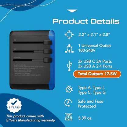 Ceptics 5 in 1 Universal Travel Adapter, 2 USB-A + 2 USB-C, 4 Plug Outputs - color: Blue