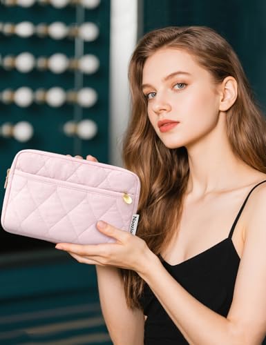 Noozion Makeup Bag Travel Toiletry Bag, Puffy Padded Cosmetic Bag for Women, Makeup Organizer Case, Wide-open Pouch Purse, Travel Essentials - color: Darkpink