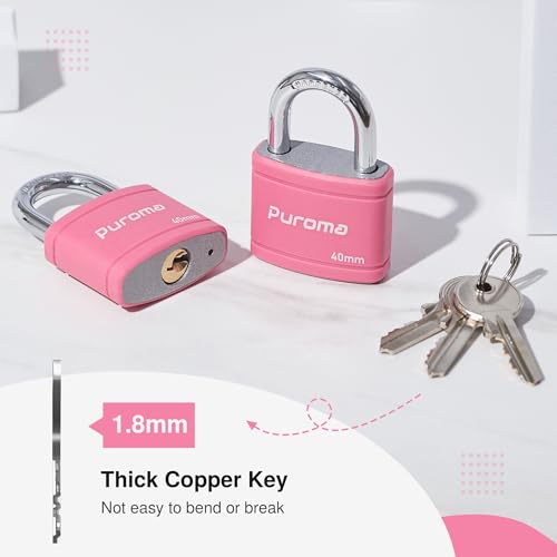 Puroma 2 Keyed Padlock with 3 Keys 7/8" School Locker Lock Gate 40mm Pink - color: Pink
