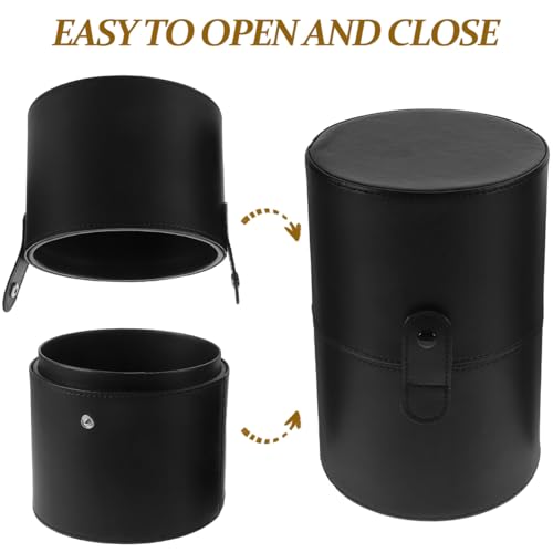 Ipetboom Portable Makeup Brush Holder with Lid: 20.1X13.2X13.2cm/7.9X5.2X5.2in PU Leather Case Cosmetic Storage Bucket for Women Black