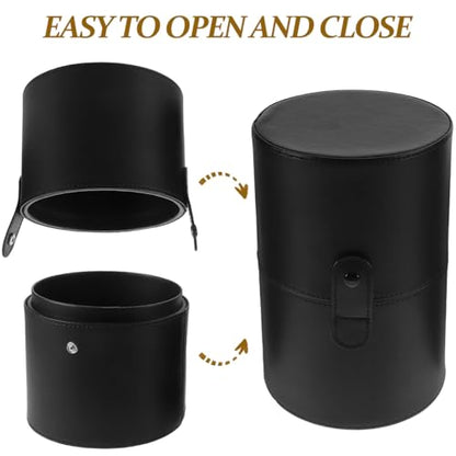 Ipetboom Portable Makeup Brush Holder with Lid: 20.1X13.2X13.2cm/7.9X5.2X5.2in PU Leather Case Cosmetic Storage Bucket for Women Black