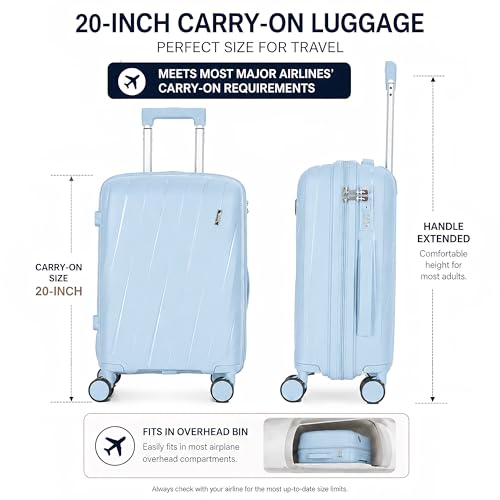 20 Inch Carry On Luggage with TSA Lock, Lightweight PP Hardside Suitcase with 360° Spinner Wheels, Anti-Burst Zipper, 2-Step Telescopic Handle, Travel Carry-On Suitcase for Women and Men (Blue-A) - color: Blue-A