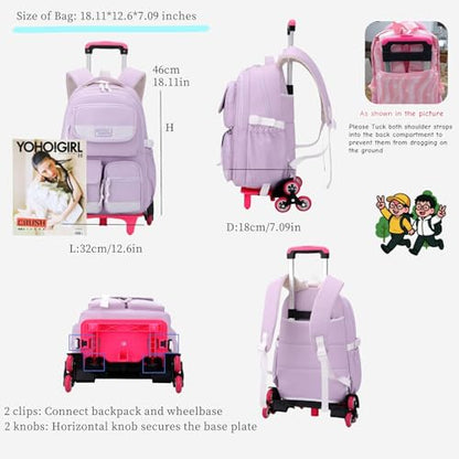 MITOWERMI Rolling Backpack for Girls Boys Backpack with Wheels, Kids Roller Trolley Bags Wheeled School Bookbag Black-6 wheels - color: 6 Wheels-black