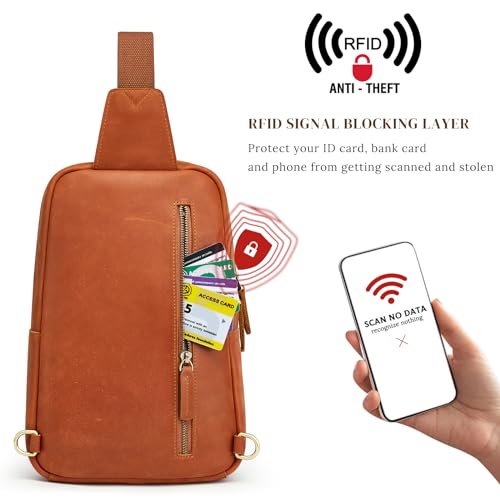 S-ZONE Sling Bag for Men Women RFID Blocking Genuine Leather Crossbody - color: Cognac