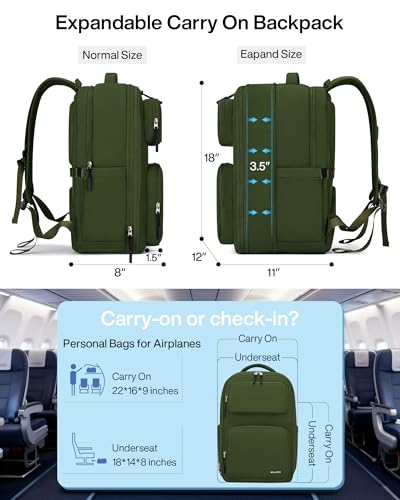 MILADA Travel Backpack, Expandable Carry On Backpack 28L-39L, Green - color: Green