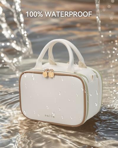 Prite Large Makeup Bag, Waterproof Travel Cosmetic Case with Brush Holder - color: Beige, size: Medium