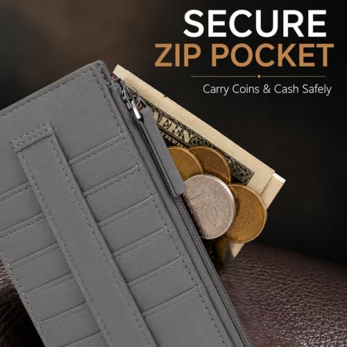 Leatherboss Genuine Leather Women's All in One Credit Business Card Case Holder Slim Zipper Wallet With a Card Protection Strap, Gray - color: Gray