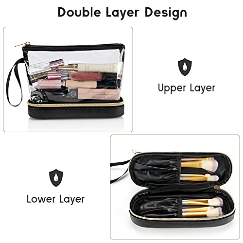 Clear Makeup Bag with Brushes Compartment Travel TSA Approved Toiletry Bag - color: 01-leather black clear
