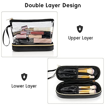 Clear Makeup Bag with Brushes Compartment Travel TSA Approved Toiletry Bag - color: 01-leather black clear