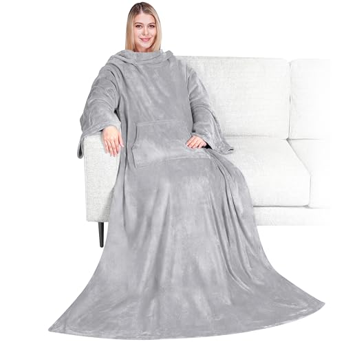 PAVILIA Blanket with Sleeves for Adult Women Men, Soft Warm Wearable Blanket Fleece Wrap Throw, Robe Blanket Gift - color: Light Gray