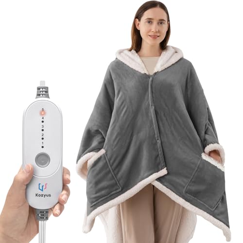 Wearable Heated Shawl Blanket with Hood & Pockets, 56"x63", Light Grey - color: Light Grey, size: 56"x63"