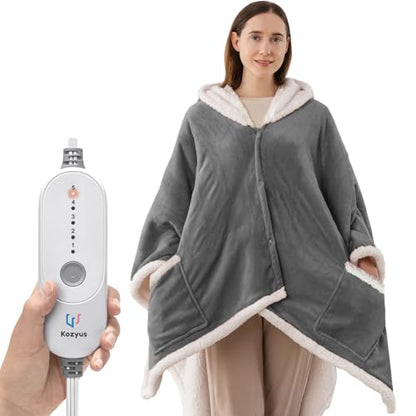 Wearable Heated Shawl Blanket with Hood & Pockets, 56"x63", Light Grey - color: Light Grey, size: 56"x63"